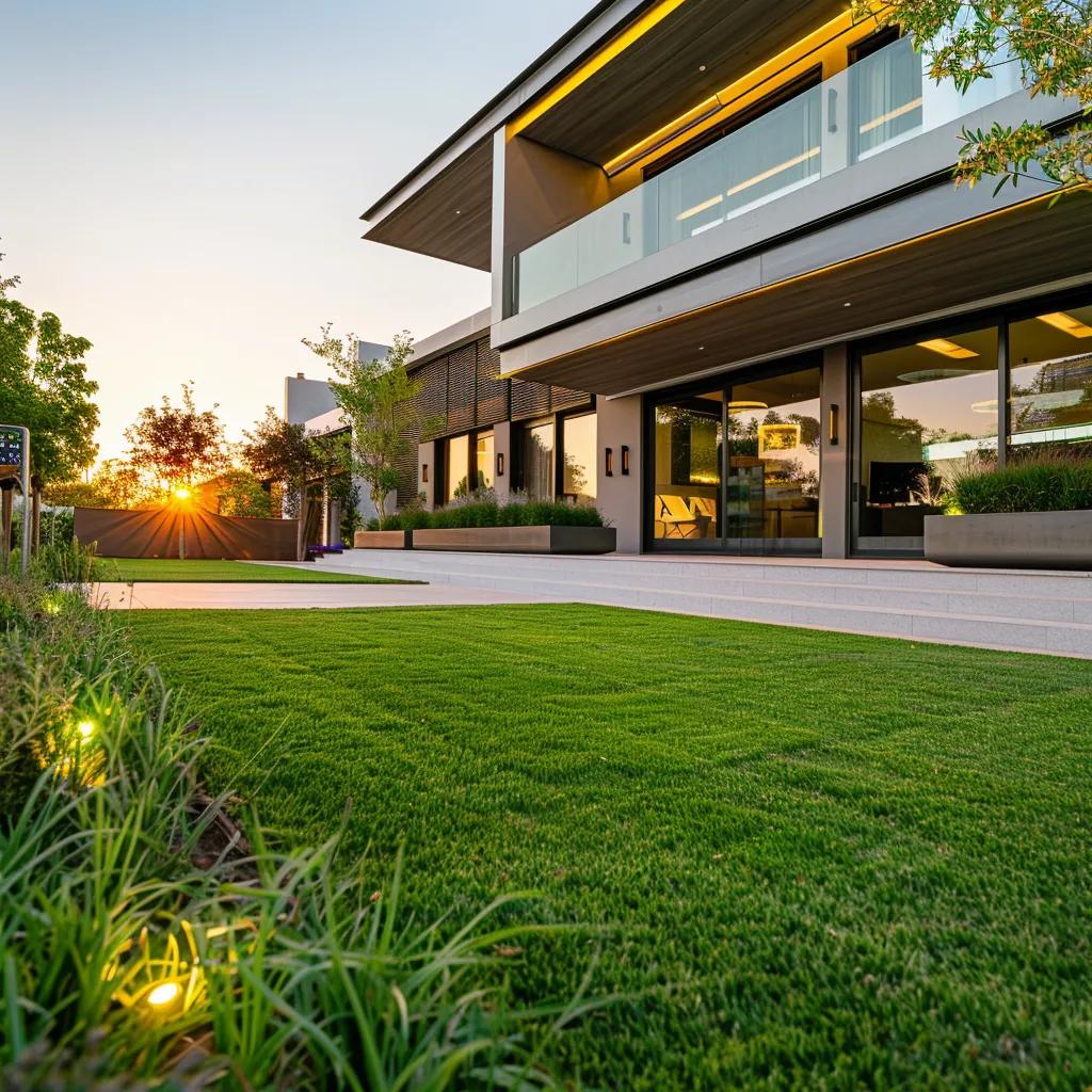 a meticulously manicured lawn, framed by a sleek, modern home and surrounded by minimalistic landscaping, showcases the expertise of a reliable yard service in a contemporary urban setting.