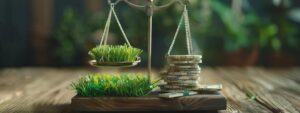 a price scale, on one side fresh grass clippings. On the other side, a stack of money, weighing it down