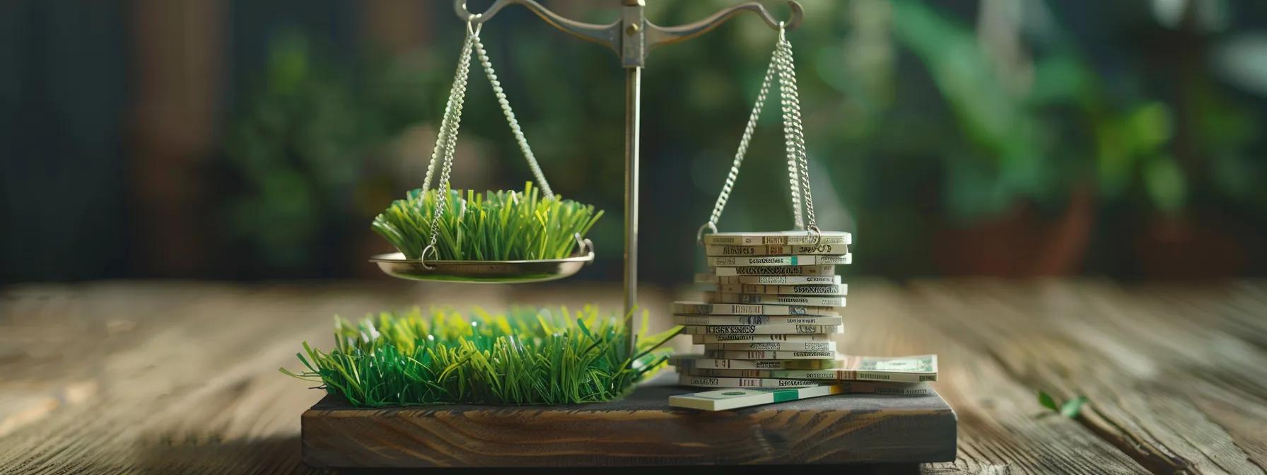 a price scale, on one side fresh grass clippings. On the other side, a stack of money, weighing it down